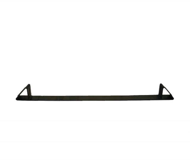 A black painted steel coil rack, a low bar with triangular end supports that cradles a metal coil on a trailer deck