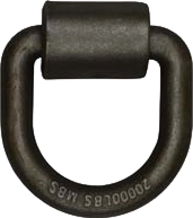 A forged steel D-ring on its weld-on clip, the working load limit stamped into the ring