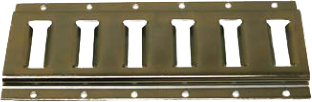 A length of Kinedyne Series E logistic track, a flat steel rail with regularly spaced slots for spring fittings