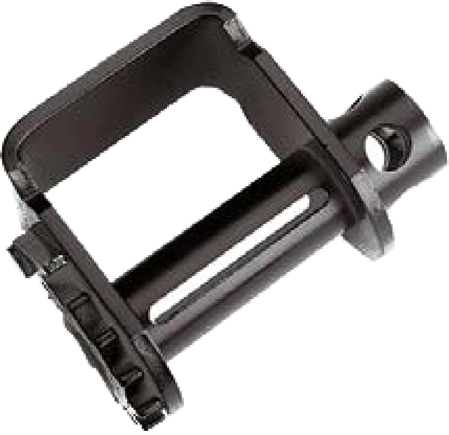 A Kinedyne standard flatbed trailer winch, a black cast frame with a slotted mandrel the winch strap winds onto