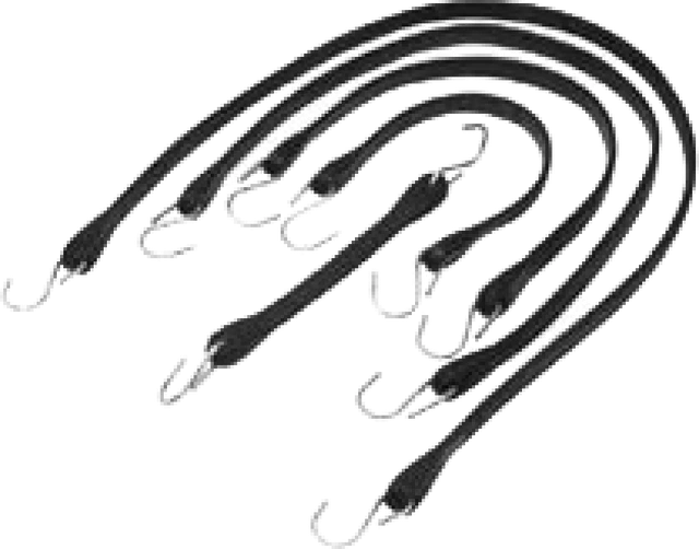 A bundle of black natural rubber tarp ties with steel S hooks on each end