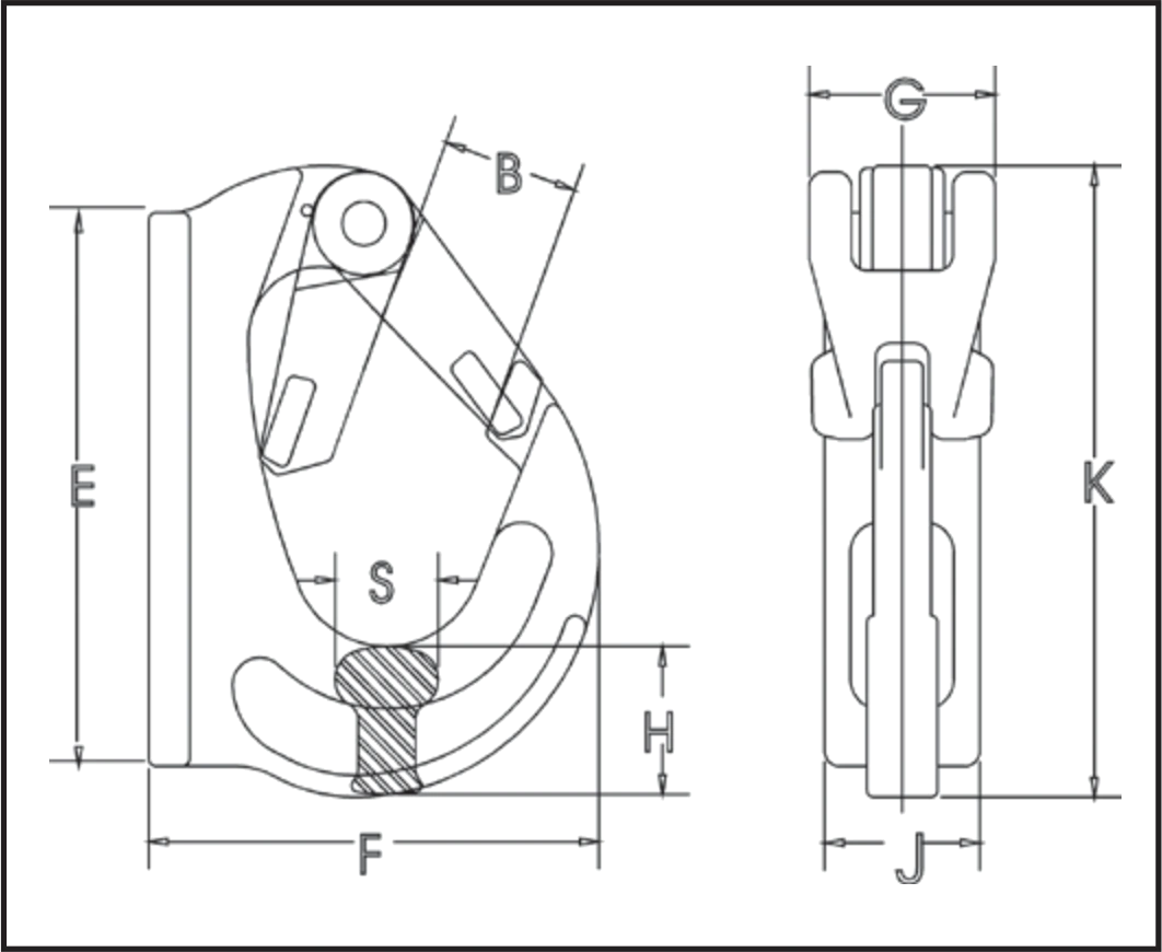 BH-313 dimension drawing: B, E, F, G, H, J, K and S on the hook and weld pad