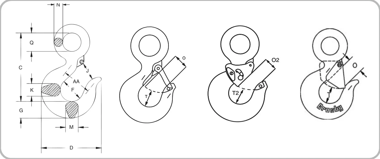 L-320A eye hook dimensions: overall length C, throat opening T, eye dimensions and latch clearance, with the lettered points called out on the drawing