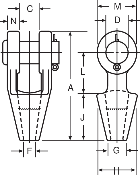 G-416 Open Spelter Sockets &mdash; dimensioned drawing