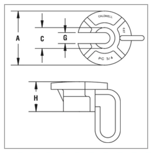 Low profile pipe carrier fitting dimensions A, C, G and H