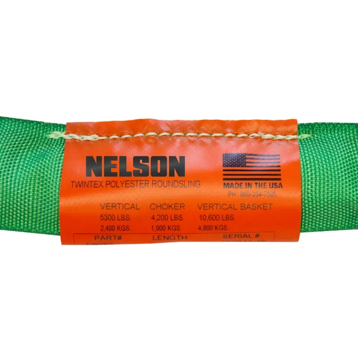 The Nelson tag on a Twintex round sling, showing the vertical, choker and basket capacities
