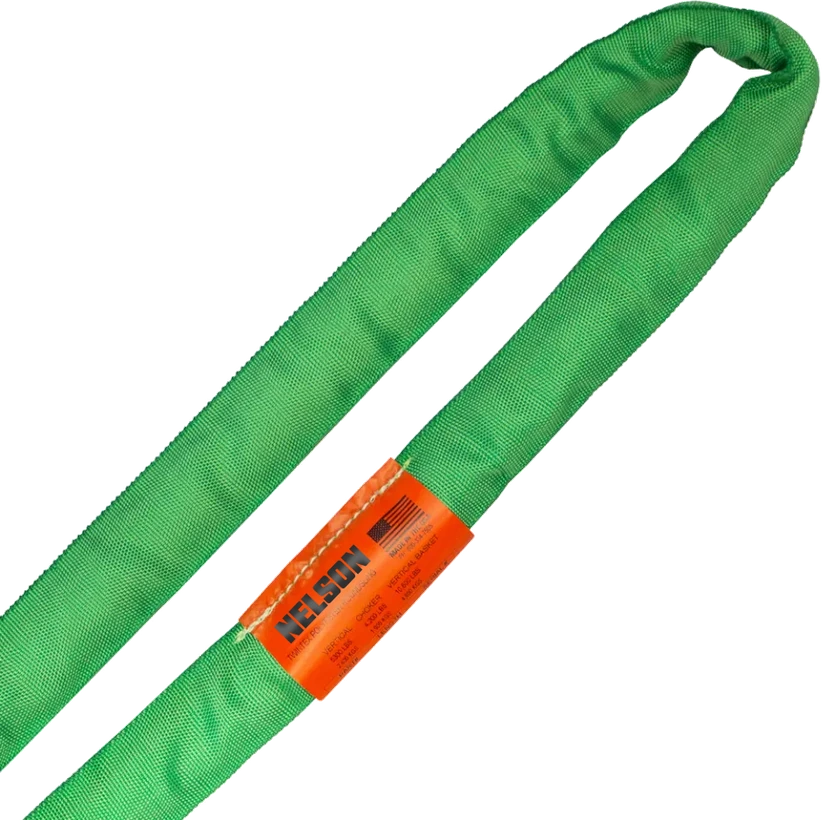 A green E60 Twintex polyester endless round sling with its Nelson tag