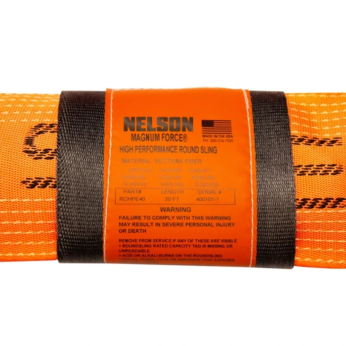 The Nelson tag on a Magnum Force round sling, showing the vertical, choker and basket capacities