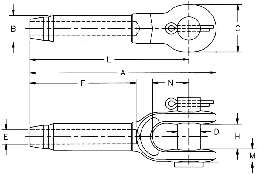 S-501 Open Swage Sockets &mdash; dimensioned drawing