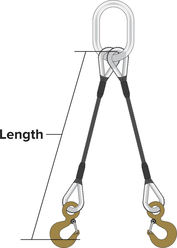How a two leg bridle is measured: length runs from the bearing point of the master link to the bearing point of the hook