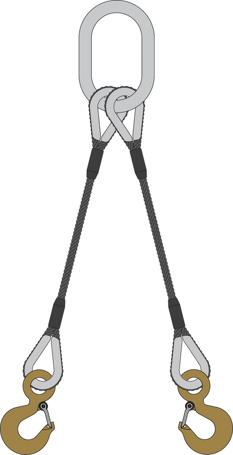 A two leg wire rope bridle sling with an oblong master link and alloy eye hooks