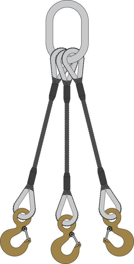 A three leg wire rope bridle sling with an oblong master link and alloy eye hooks