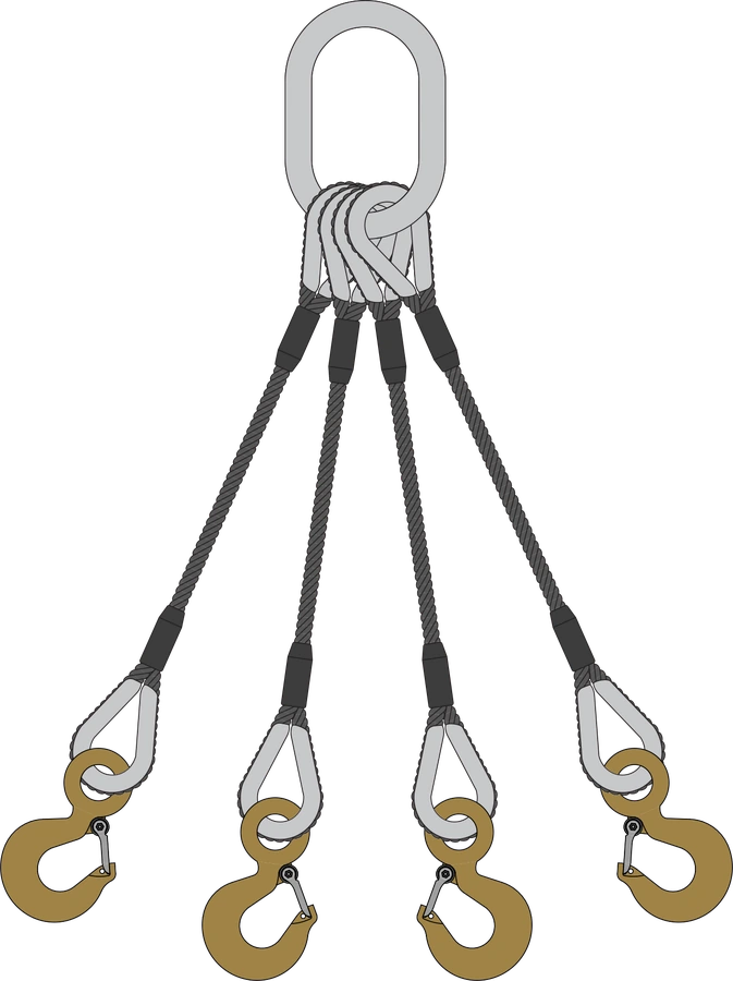 A four leg wire rope bridle sling with an oblong master link and alloy eye hooks