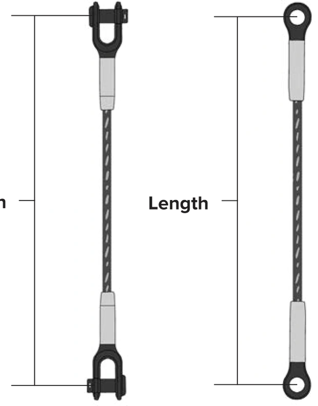 Two swage socket pendant assemblies drawn upright, one with open sockets and one with closed, with the length dimensioned from the centre of the pin to the centre of the eye